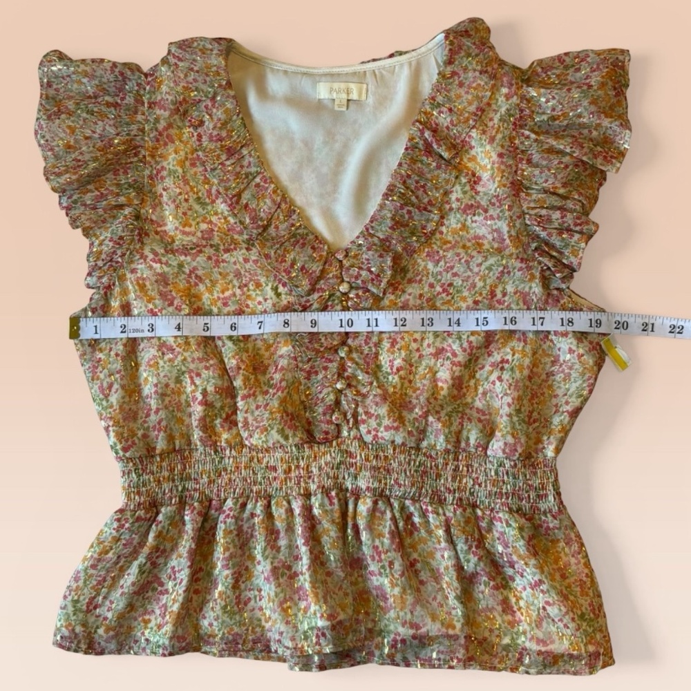 New Parker Top Multicolor Floral Ruffle Blouse with Metallic Threads - Picture 5 of 11